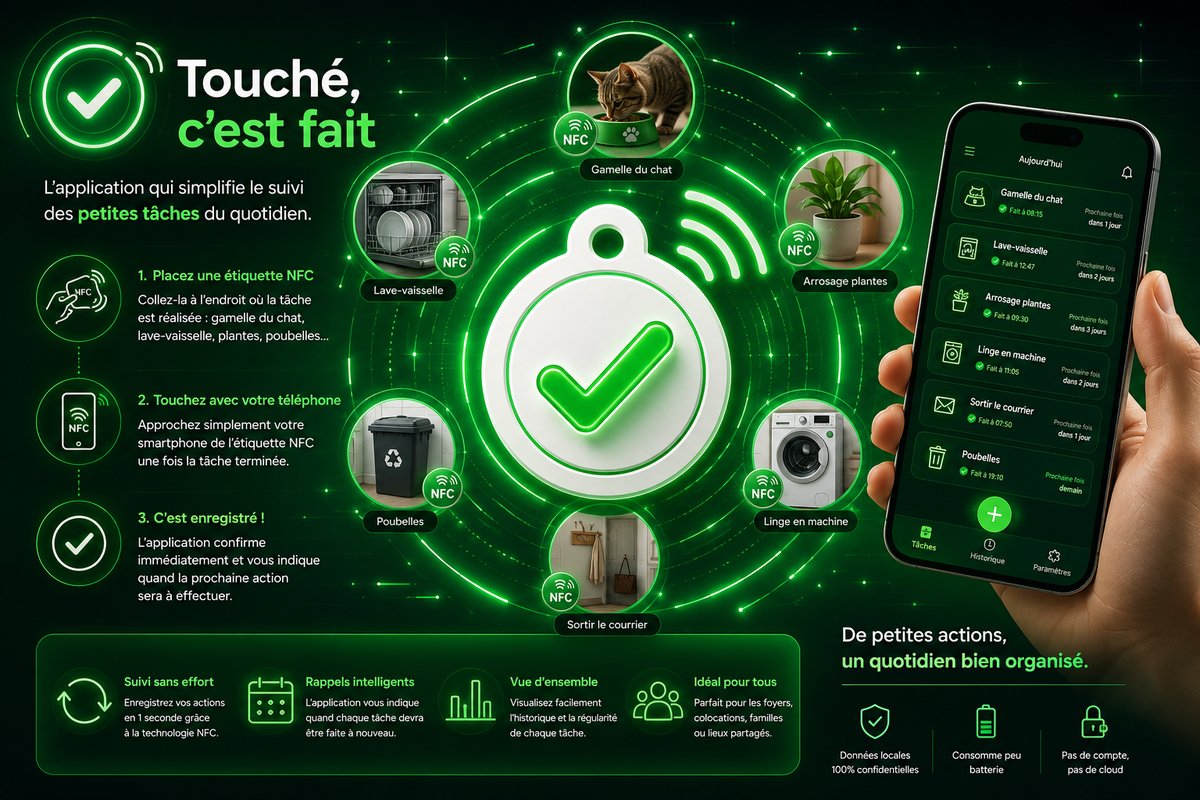 Placez une étiquette NFC, touchez avec votre téléphone, la tâche est enregistrée.